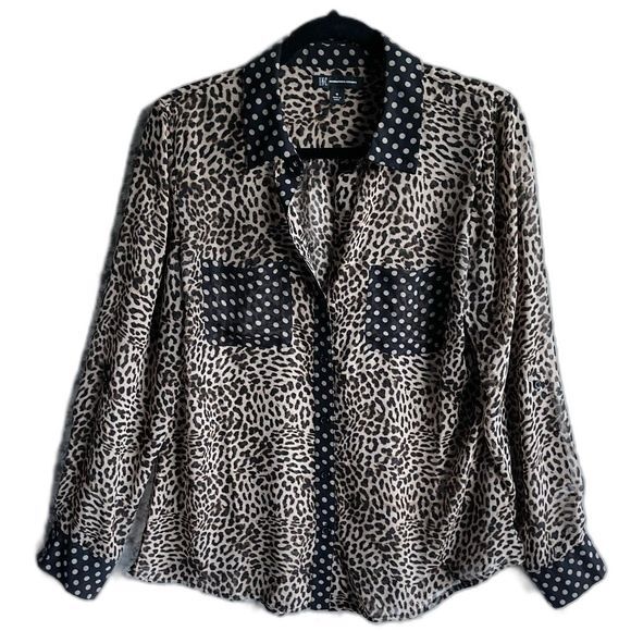 INC Long Sleeve Sheer Top M Button Up Shirt Animal Print Polka Dots Brown Black - Picture 1 of 8